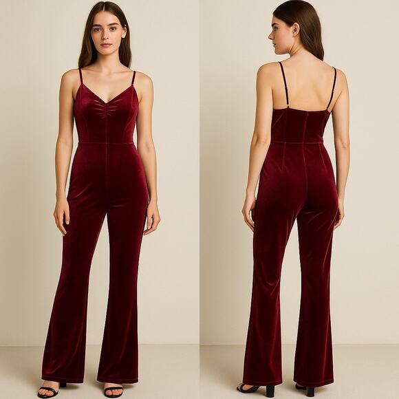 BY THE WAY Burgundy Velvet Wide Leg Romper Women’s Size M Jumpsuit Holiday Party - Picture 1 of 10
